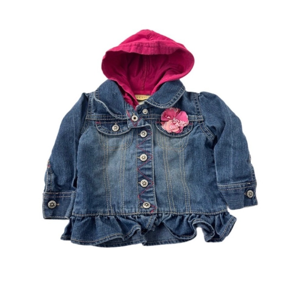 Arizona Jean Co Baby Girls Denim Jacket Pink Hooded Layered Ruffle 12 Months‎